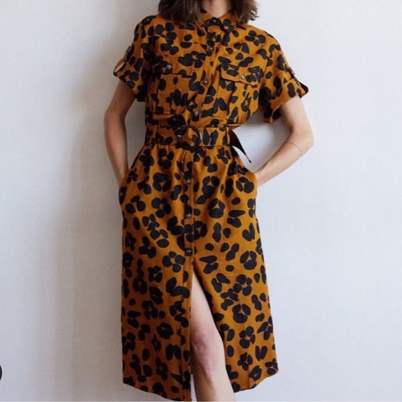 Who What Wear Dresses & Skirts - Who What Wear linen Mustard Brown Leopard Print Midi Dress